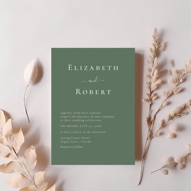 Dark Sage Green Minimalistisch Script Wedding Einladung (Dark Sage Green Minimalist Script Wedding Invitation on a table with blush pink flowers.)