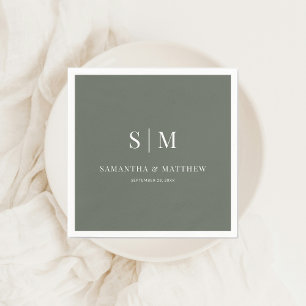 Dark Sage Simple Elegant Couple Initials Wedding Serviette