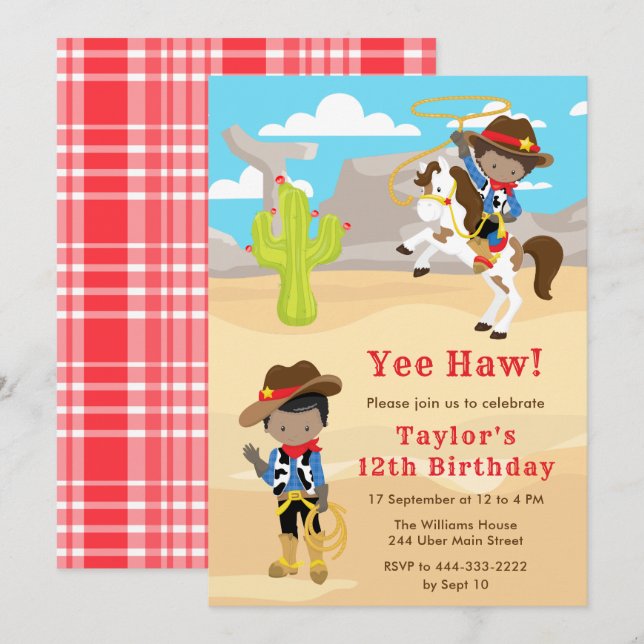 Dark Skin Cowboy Birthday Party Einladung (Vorne/Hinten)