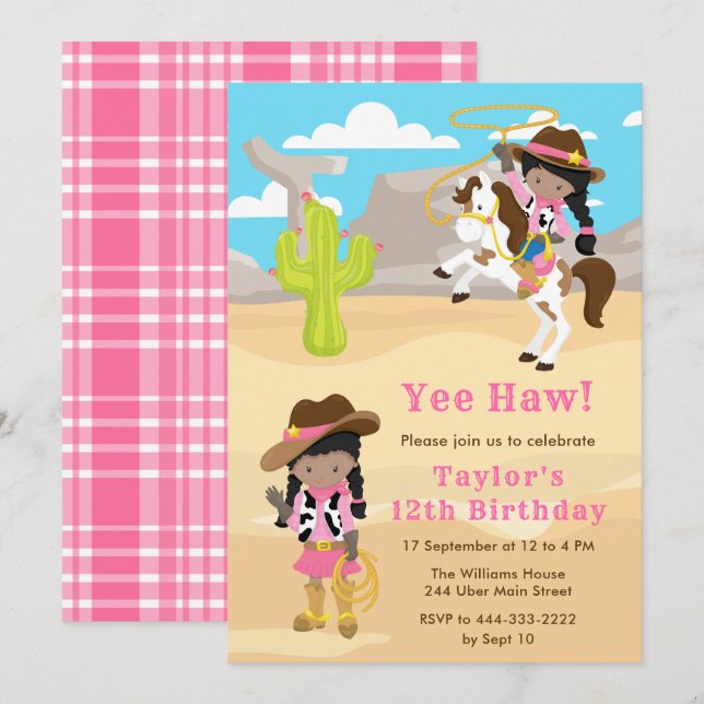 Dark Skin Cowgirl Birthday Party Einladung (Vorne/Hinten)