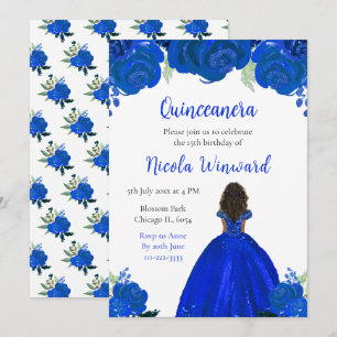 Dark Skin Princess Blue Floral Quinceanera Einladung