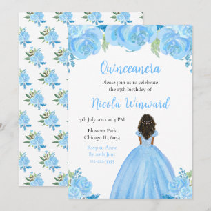 Dark Skin Princess Blue Floral Quinceanera Einladung