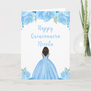Dark Skin Princess Blue Floral Quinceanera Karte