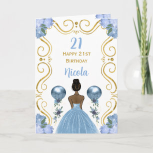 Dark Skin Princess Blue Happy Birthday Karte