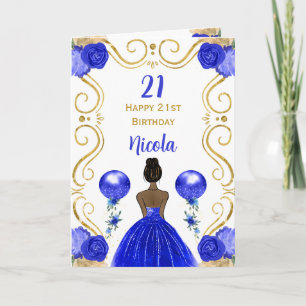Dark Skin Princess Blue Happy Birthday Karte