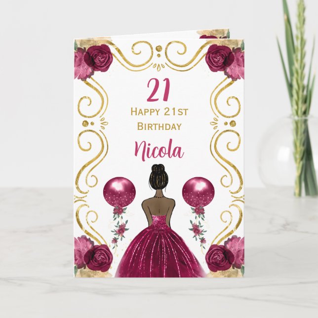 Dark Skin Princess Burgundy Happy Birthday Karte (Vorderseite)