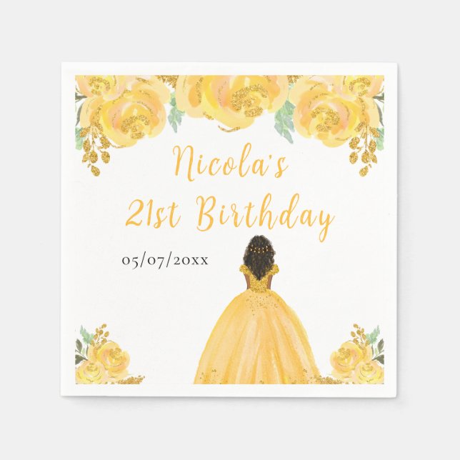 Dark Skin Princess Gold Floral Birthday Party Serviette (Vorderseite)