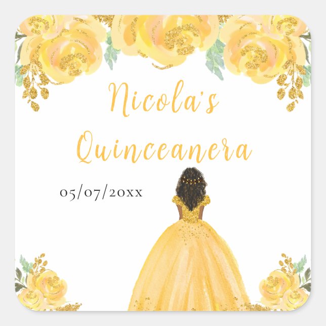 Dark Skin Princess Gold Floral Quinceanera Quadratischer Aufkleber (Vorderseite)