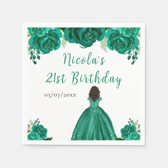 Dark Skin Princess Green Floral Birthday Party Serviette (Vorderseite)