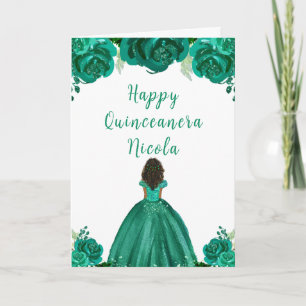 Dark Skin Princess Green Floral Quinceanera Karte
