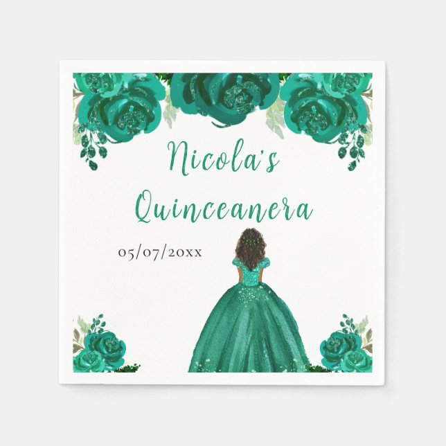 Dark Skin Princess Green Floral Quinceanera Serviette (Vorderseite)