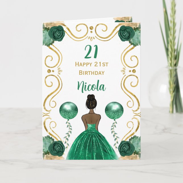 Dark Skin Princess Green Happy Birthday Karte (Vorderseite)