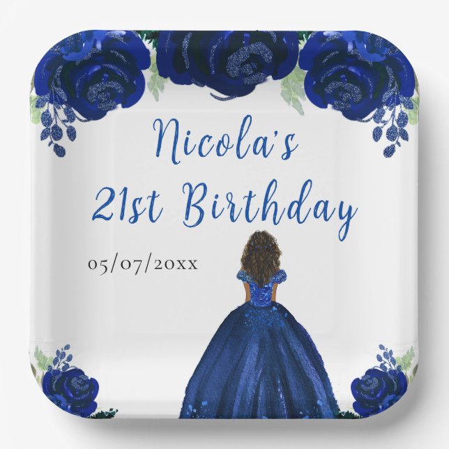 Dark Skin Princess Navy Floral Birthday Party Pappteller (Vorderseite)