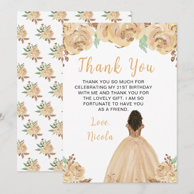 Dark Skin Princess Peach Floral Birthday Party Dankeskarte (Vorne/Hinten)