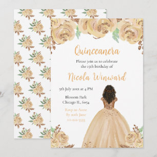 Dark Skin Princess Peach Floral Quinceanera Einladung