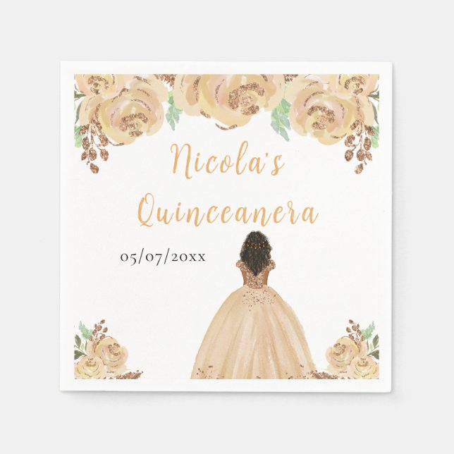 Dark Skin Princess Peach Floral Quinceanera Serviette (Vorderseite)