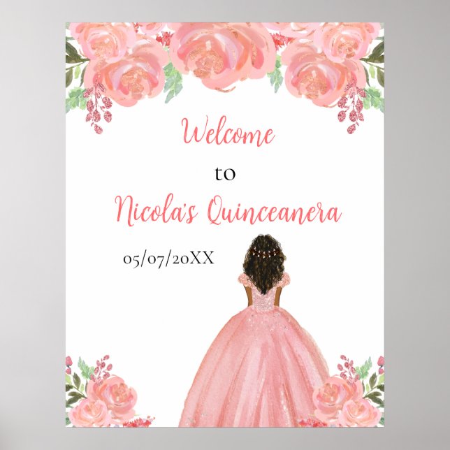 Dark Skin Princess Pink Quinceanera Welcome Poster (Vorne)