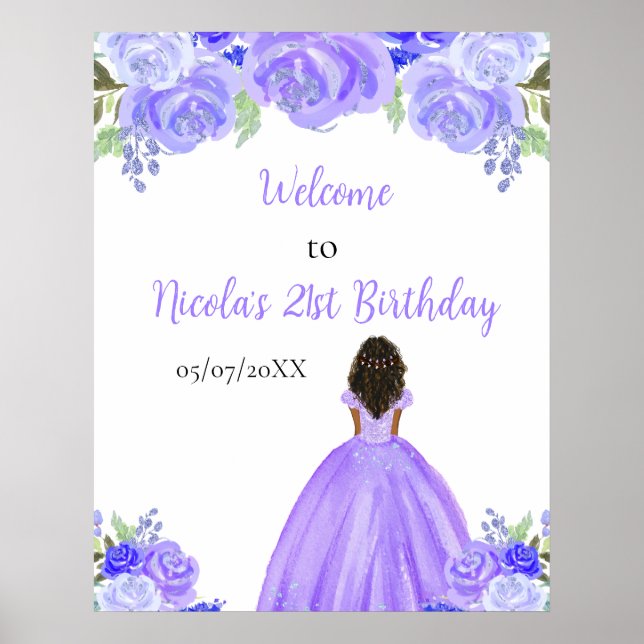 Dark Skin Princess Purple Floral Birthday Welcome Poster (Vorne)