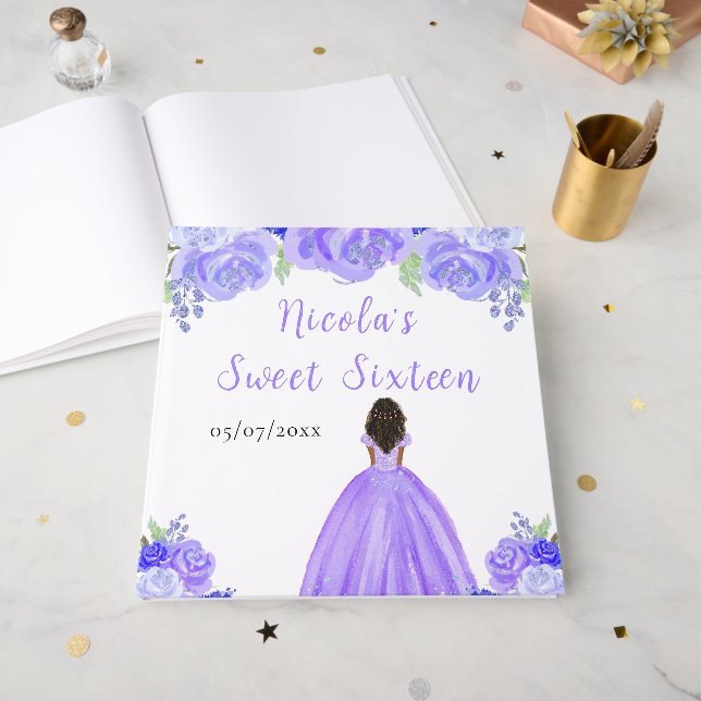 Dark Skin Princess Purple Sweet Sixteen Guest Book Gästebuch (Vorderseite offen)
