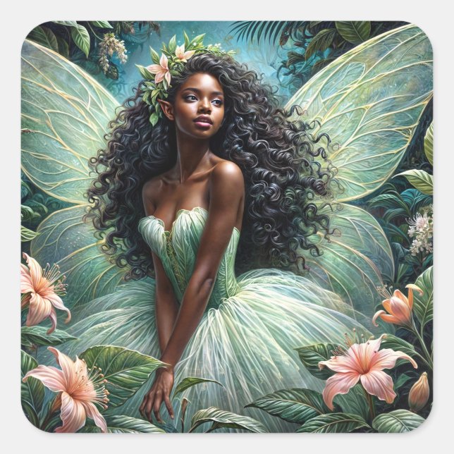 Dark-Skinned Fairy In Mint Green Botanical Quadratischer Aufkleber (Vorderseite)