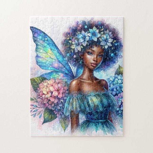 Dark-Skinned Fairy With Afro and Hydrangeas Puzzle (Vertical)