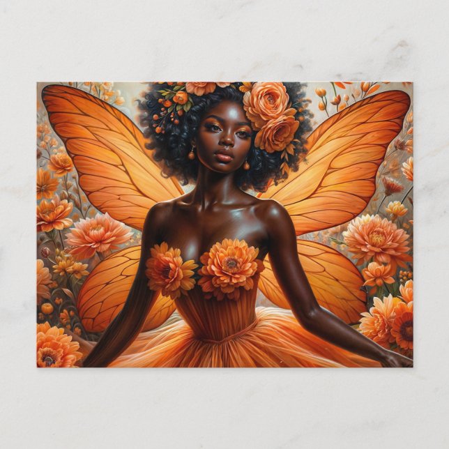 Dark-Skinned Fairy With Afro - Orange Floral Postkarte (Vorderseite)