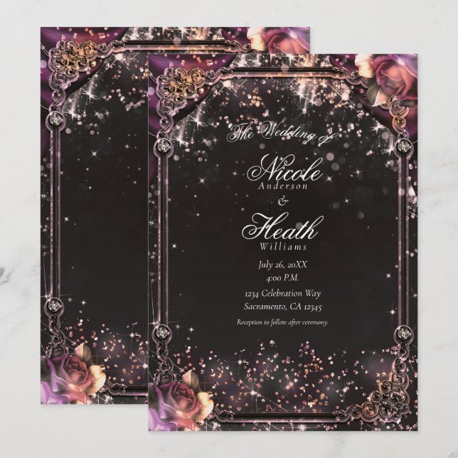 Dark Sparkle Glitzer Glam Lights Floral Wedding Einladung (Vorne/Hinten)