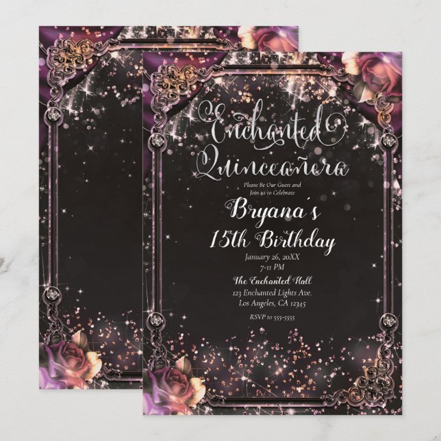 Dark Sparkle Glitzer Glam Lights Quinceañera Einladung (Vorne/Hinten)