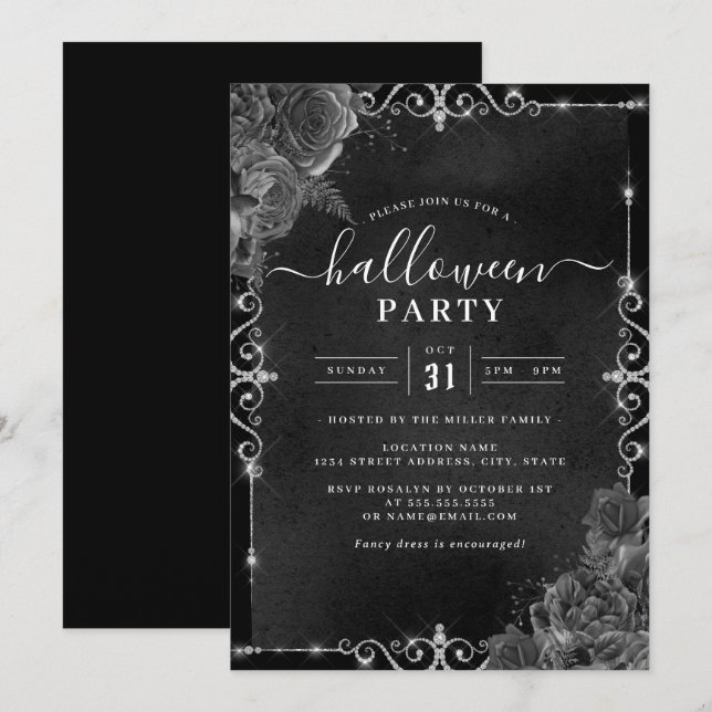 Dark Spooky Floral Jewel Halloween-Party Einladung (Vorne/Hinten)