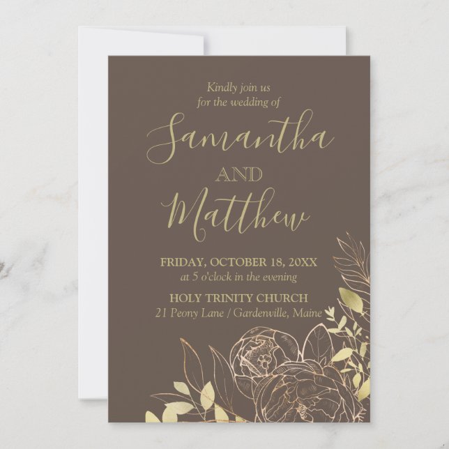 Dark Taupe & Gold Peony Moderne Blumenhochzeit Einladung (Vorderseite)