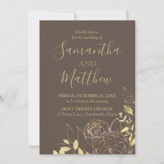 Dark Taupe & Gold Peony Moderne Blumenhochzeit Einladung