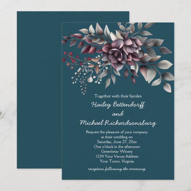 Dark Teal, Burgundy, Dusty Purple, Sage Wedding | Einladung (Vorne/Hinten)