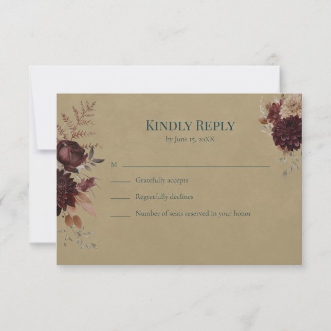 Dark Teal Floral Gothic RSVP Card (Vorderseite)