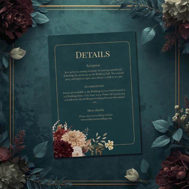 Dark Teal Floral Gothic Wedding Details Card Einladung (Dark Teal Floral Gothic Wedding Details Card on a teal wedding table with vintage flowers.)