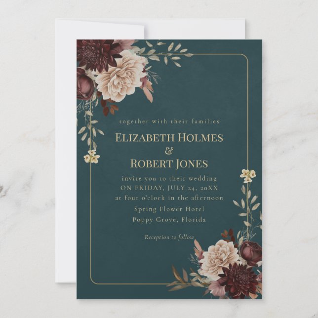 Dark Teal Floral Gothic Wedding Invitation Einladung (Vorderseite)