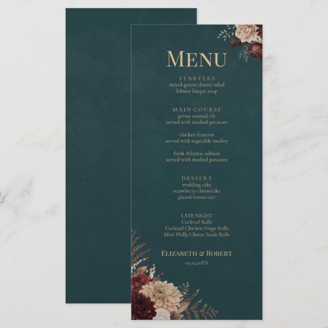 Dark Teal Floral Gothic Wedding Menu Menükarte (Vorne/Hinten)