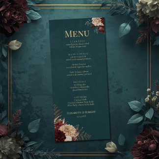 Dark Teal Floral Gothic Wedding Menu Menükarte