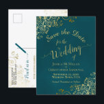 Dark Teal & Gold Calligraphy Wedding Save the Date Ankündigungspostkarte<br><div class="desc">This beautiful save the date postcard will give your friends and family advance notice of your upcoming wedding. It boasts a beautiful design featuring lacy calligraphy with swashes or flourishes on the ends of the letters. The background is a marbled dark teal color, and there are decorative gold faux foil...</div>