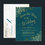 Dark Teal & Gold Calligraphy Wedding Save the Date Ankündigungspostkarte<br><div class="desc">This beautiful save the date postcard will give your friends and family advance notice of your upcoming wedding. It boasts a beautiful design featuring lacy calligraphy with swashes or flourishes on the ends of the letters. The background is a marbled dark teal color, and there are decorative gold faux foil...</div>