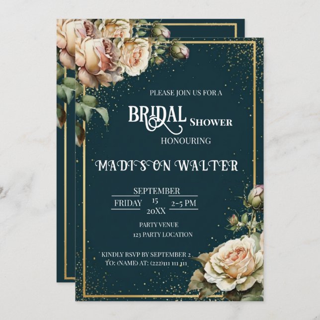 Dark Teal Rustic Rose Bridal Shower Invitation (Devant / Derrière)