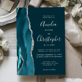 Dark Teal Silver Agate Script Wedding Folieneinladung