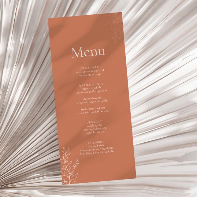 Dark Terracotta Botanical Wedding Menu Menükarte (Dark Terracotta Botanical Wedding Menu on a sunny neutral dry palm leaf.)