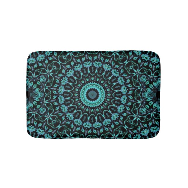 Dark Turquoise Floral Mandala Badematte (Vorderseite)