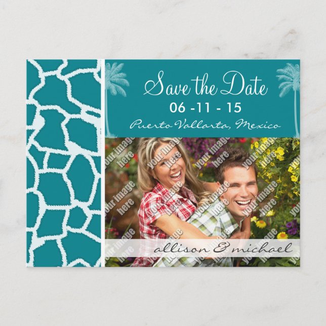 Dark Turquoise Giraffe Print; Summer Palm Ankündigungspostkarte (Vorderseite)