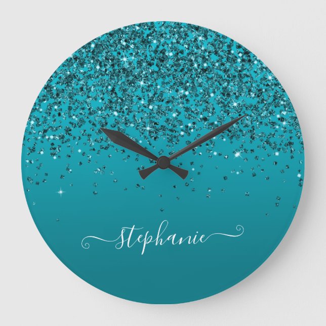 Dark Turquoise Glittery Gradient Girly Calligraphy Große Wanduhr (Vorderseite)