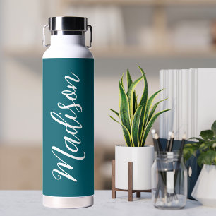 Dark Turquoise White Handwriting Script Custom Trinkflasche