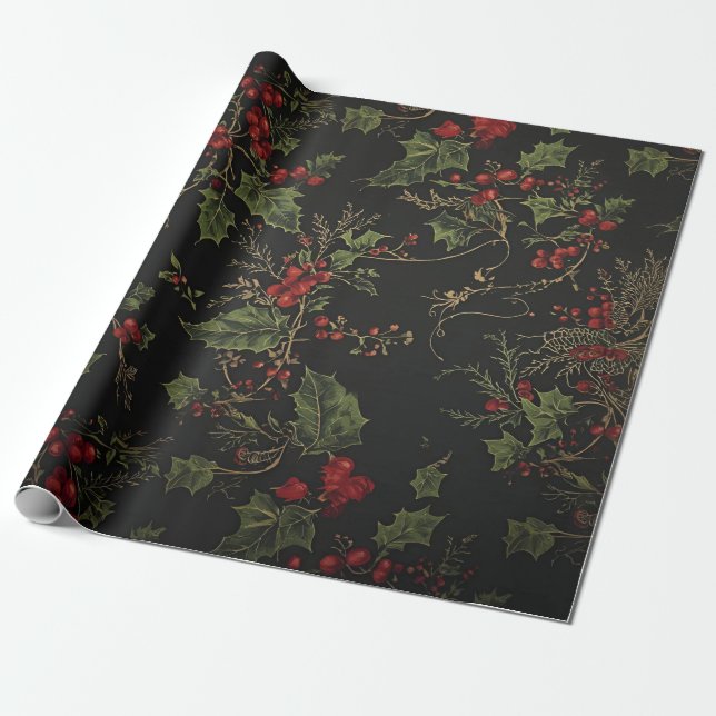 Dark Victorian Crimson Berries & Gold Vine Wrappin Geschenkpapier (Ungerollt)