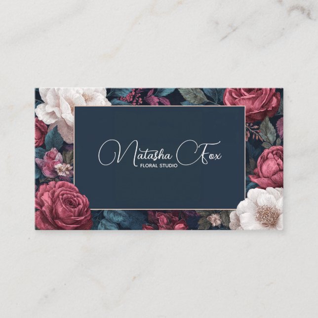 Dark Victorian Rose Floral Navy Blue Frame Visitenkarte (Vorderseite)