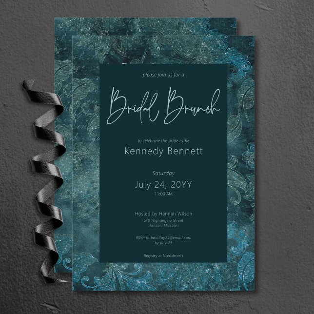 Dark Viktorianisch Aquamarin Damask Bridal Brunch Einladung (Dark Victorian Teal Damask Bridal Brunch Invitation)
