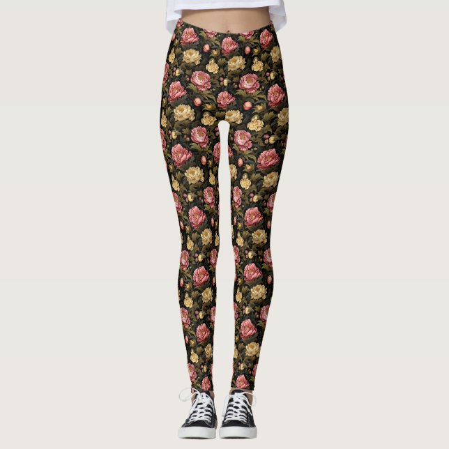 Dark Vintag Peony Floral Gemustert Leggings (Vorderseite)